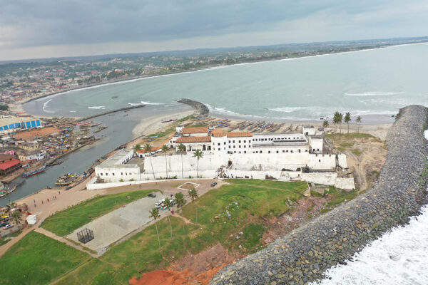 Aerial shot of the Elimina castle in Ghana during the day
